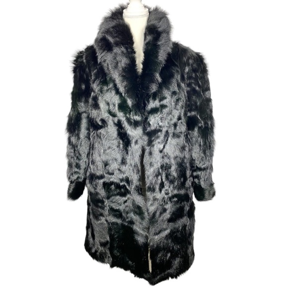 Vintage 80's Black Fur Trench Long Coat - Picture 1 of 8